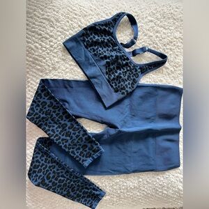 Fabletics Seamless Blue Leopard Print Activewear set in small
